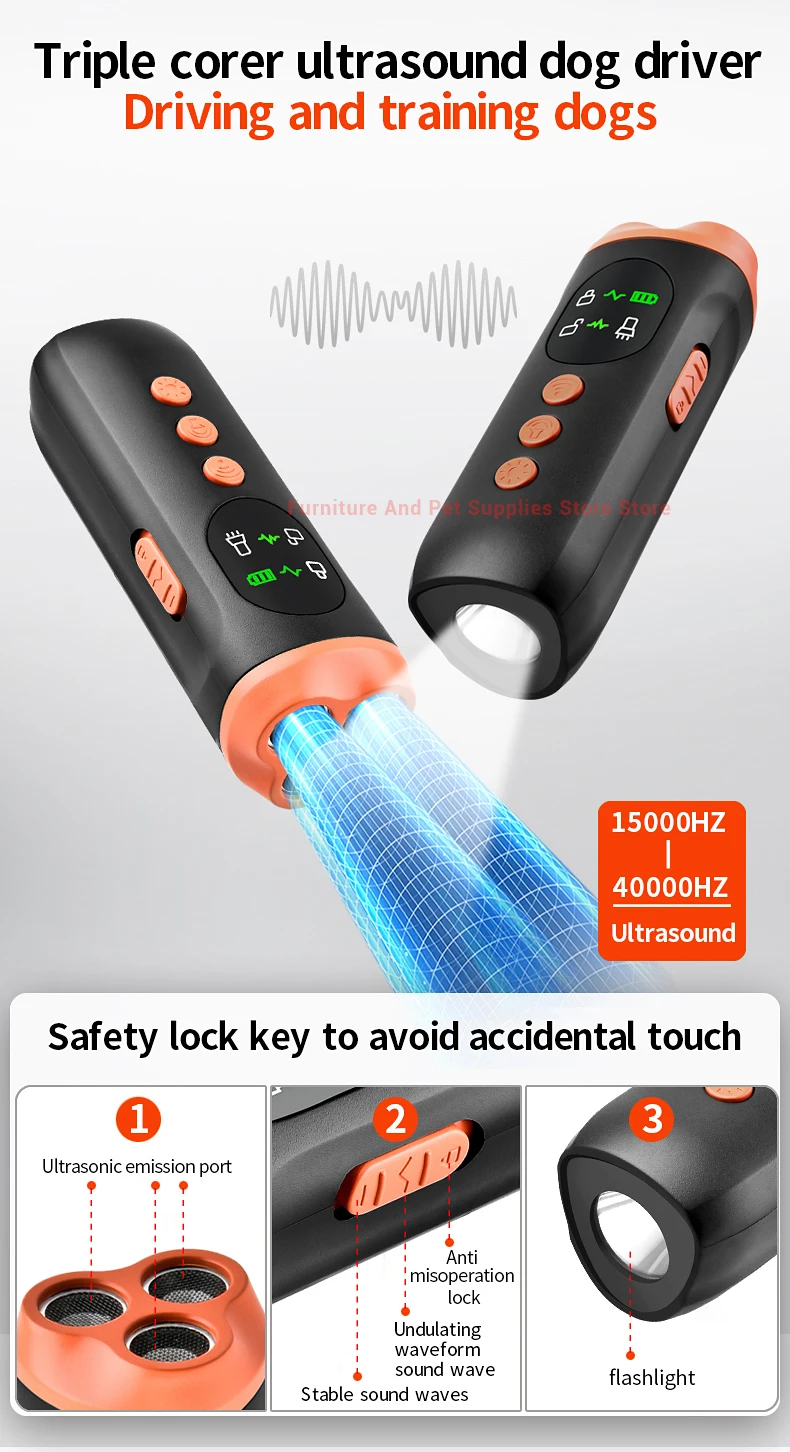 New portable outdoor dog repellent, high-power intelligent cat repellent, anti barking ultrasonic dog repellent with flashlight