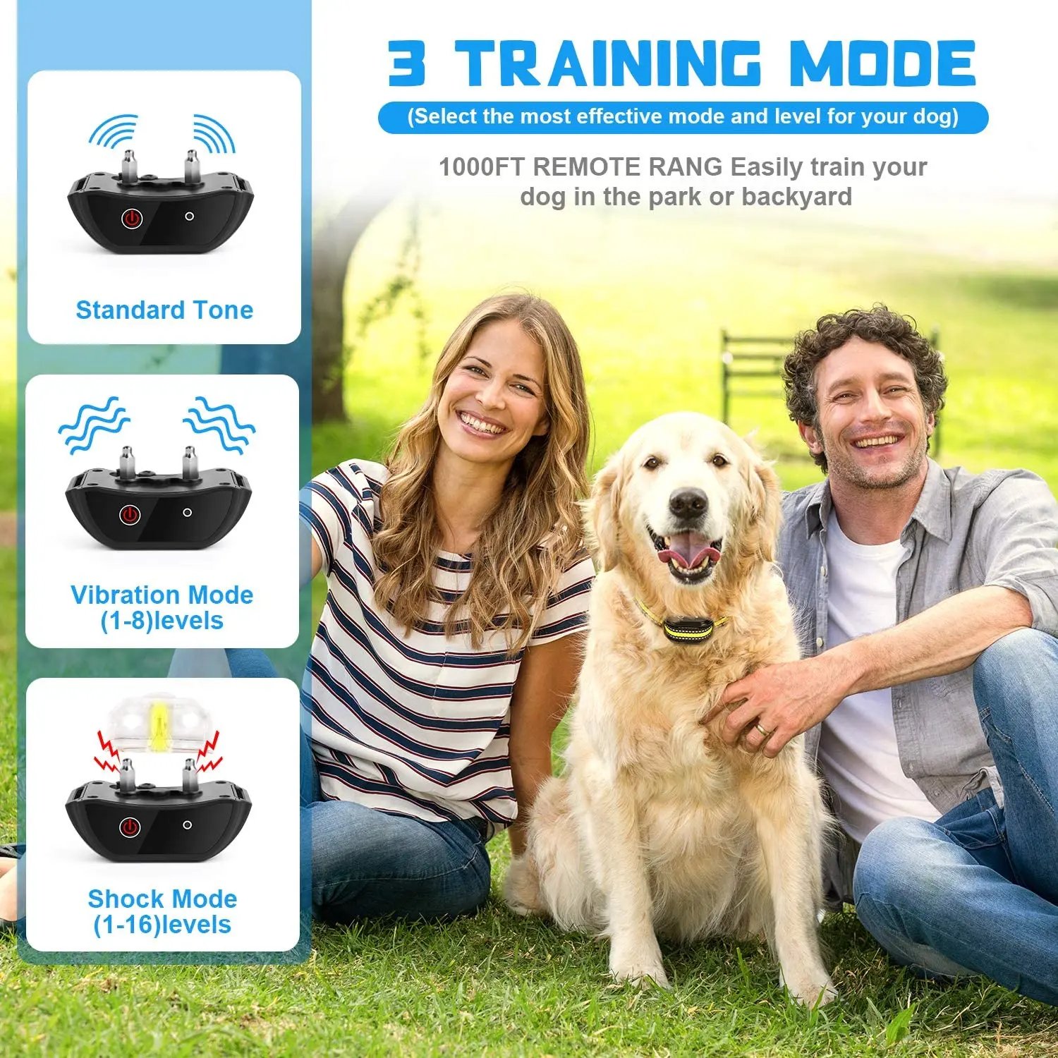 Pet Electric Dog Training Collar Remote Control 1000ft Barkproof Collars for Dogs Vibration Sound Shock Rechargeable Waterproof