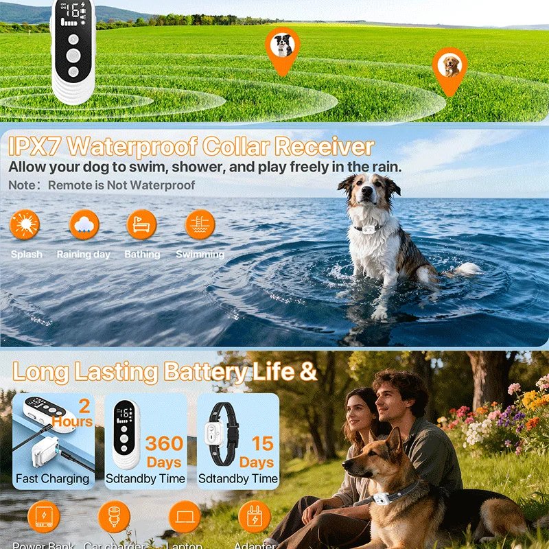 Smart Dog Training Collar 3300ft with IP67 Waterproof Shock Vibration Sound Functions for Behavior Correction Remote controlled