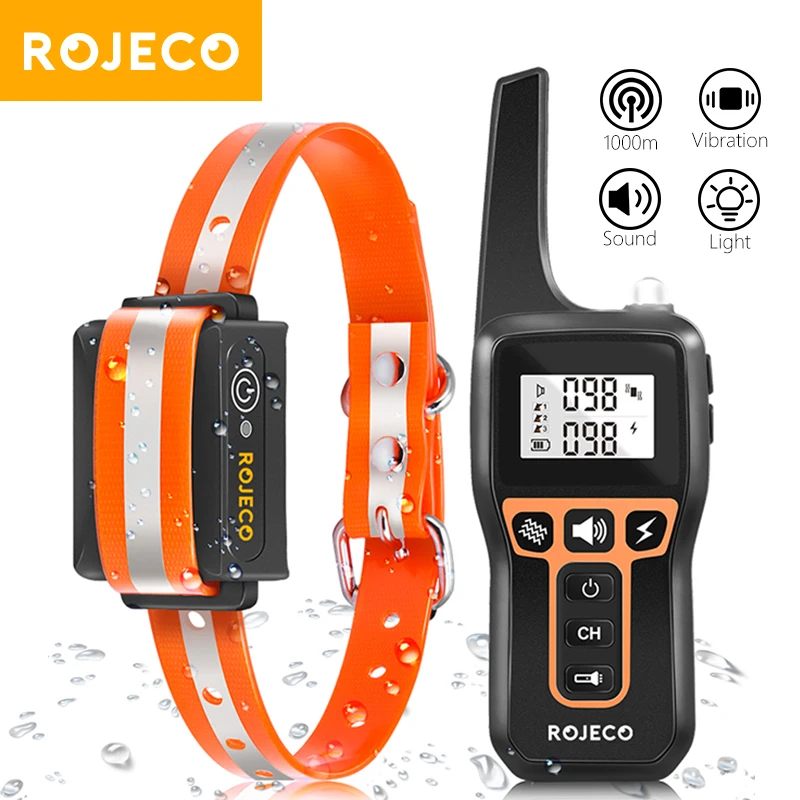 58131-3ragny.jpg ROJECO 1000m Electric Dog Training Collar Remote Control Training Collar For Pet Rechargeable Dog Bark Control Stop Shock Collar - Image 1