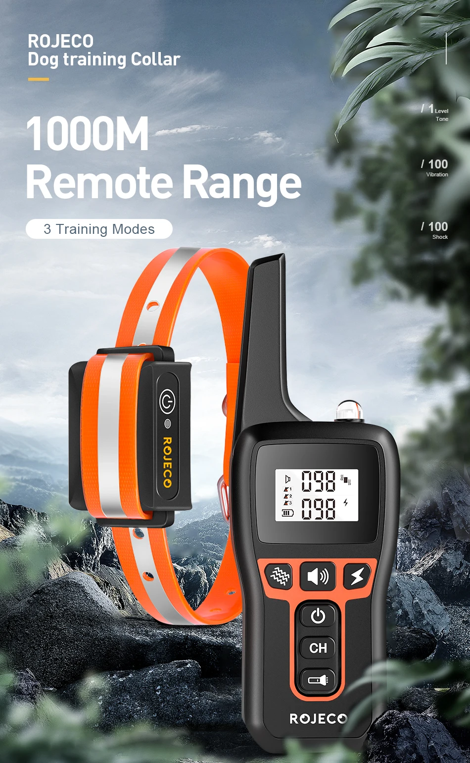 ROJECO 1000m Electric Dog Training Collar Remote Control Training Collar For Pet Rechargeable Dog Bark Control Stop Shock Collar ROJECO 1000m Electric Dog Training Collar Remote Control Training Collar For Pet Rechargeable Dog Bark Control Stop Shock Collar