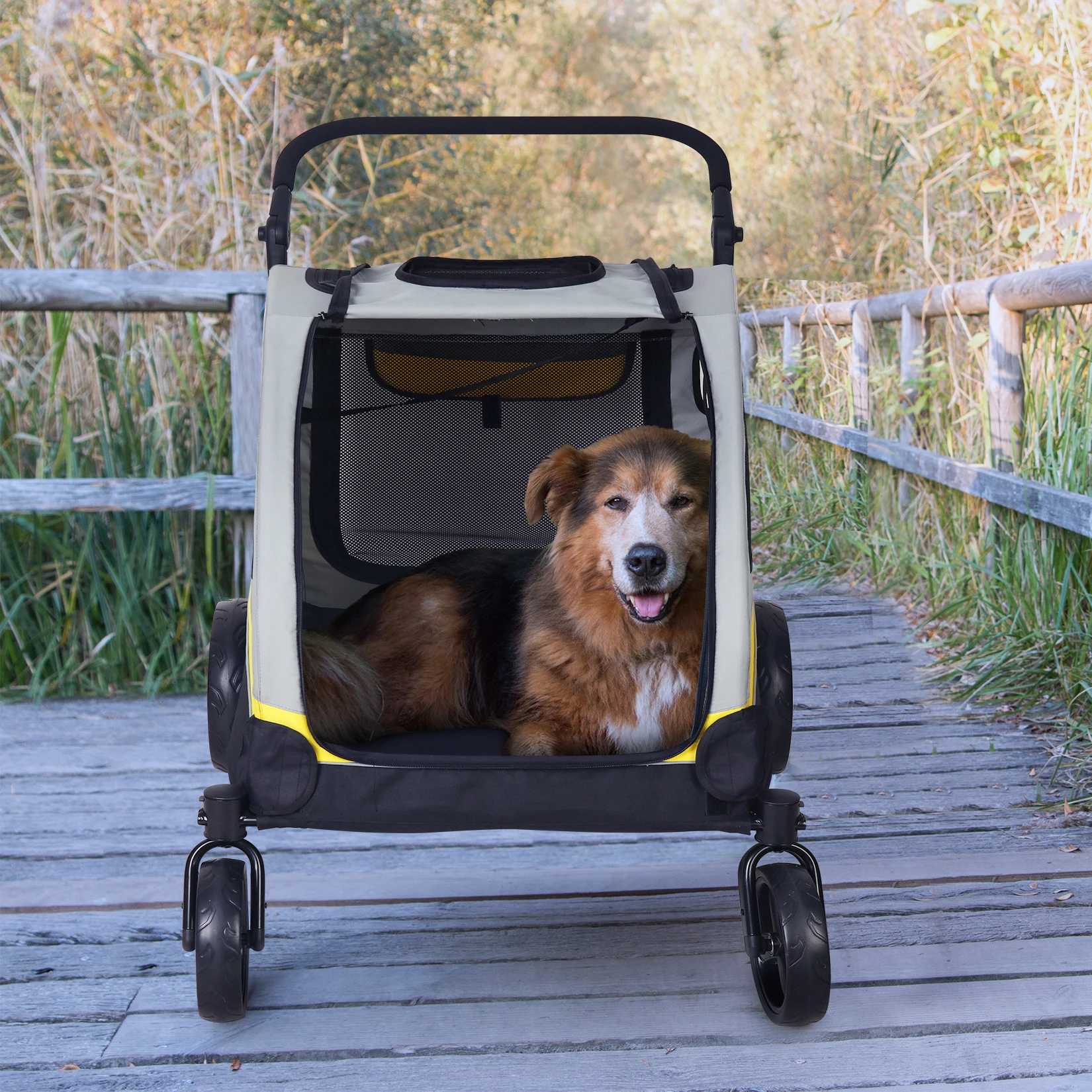 Portable Dog Stroller 4 Wheels for Large Dogs Foldable Pet Cat Travel Carriage Stroller Breathable Carrier for Outside Play