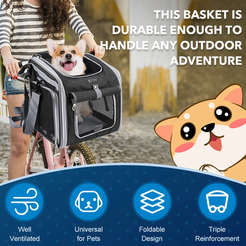 Dog or Cat Bike Basket, Expandable Soft Sided Pet Carrier Backpack with 4 Open Doors, Foldable Dog Bike Carrier Dog or Cat Bike Basket, Expandable Soft Sided Pet Carrier Backpack with 4 Open Doors, Foldable Dog Bike Carrier