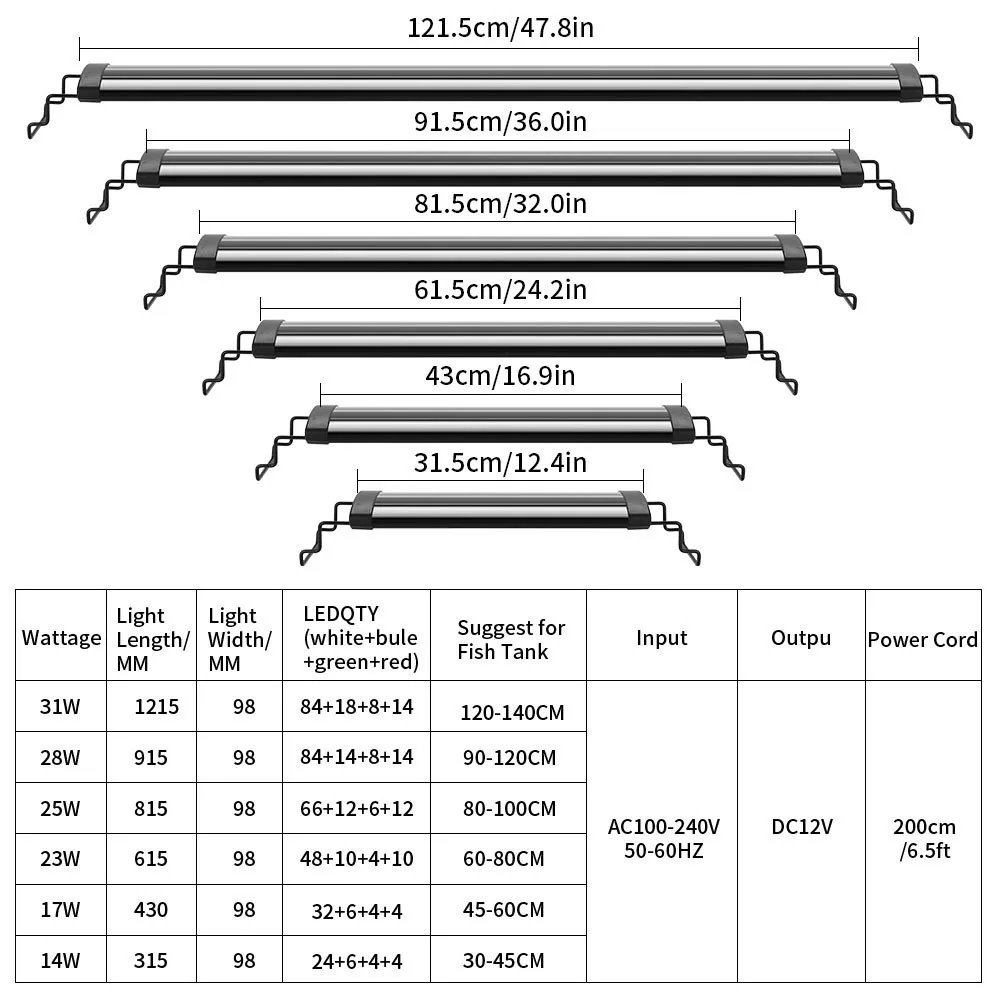 31-120cm Aquarium LED Light Super Slim Fish Tank Aquatic Plant Grow Lighting Waterproof Bright Clip Lamp RGB LED for Fish Tank