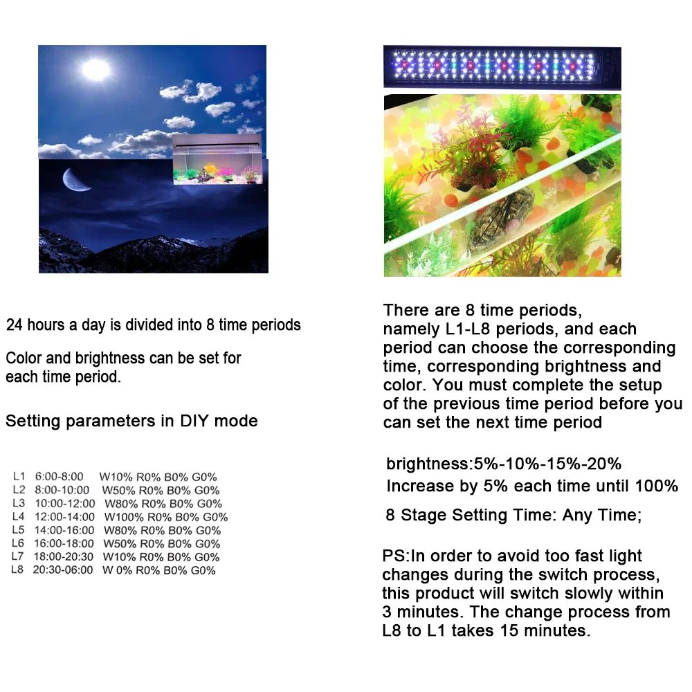 120cm Aquarium LED Light with Full Spectrum Dimmer Plant Growth Fish Tank Decoration 24/7 DIY Auto On Off 7 Colors Freshwater