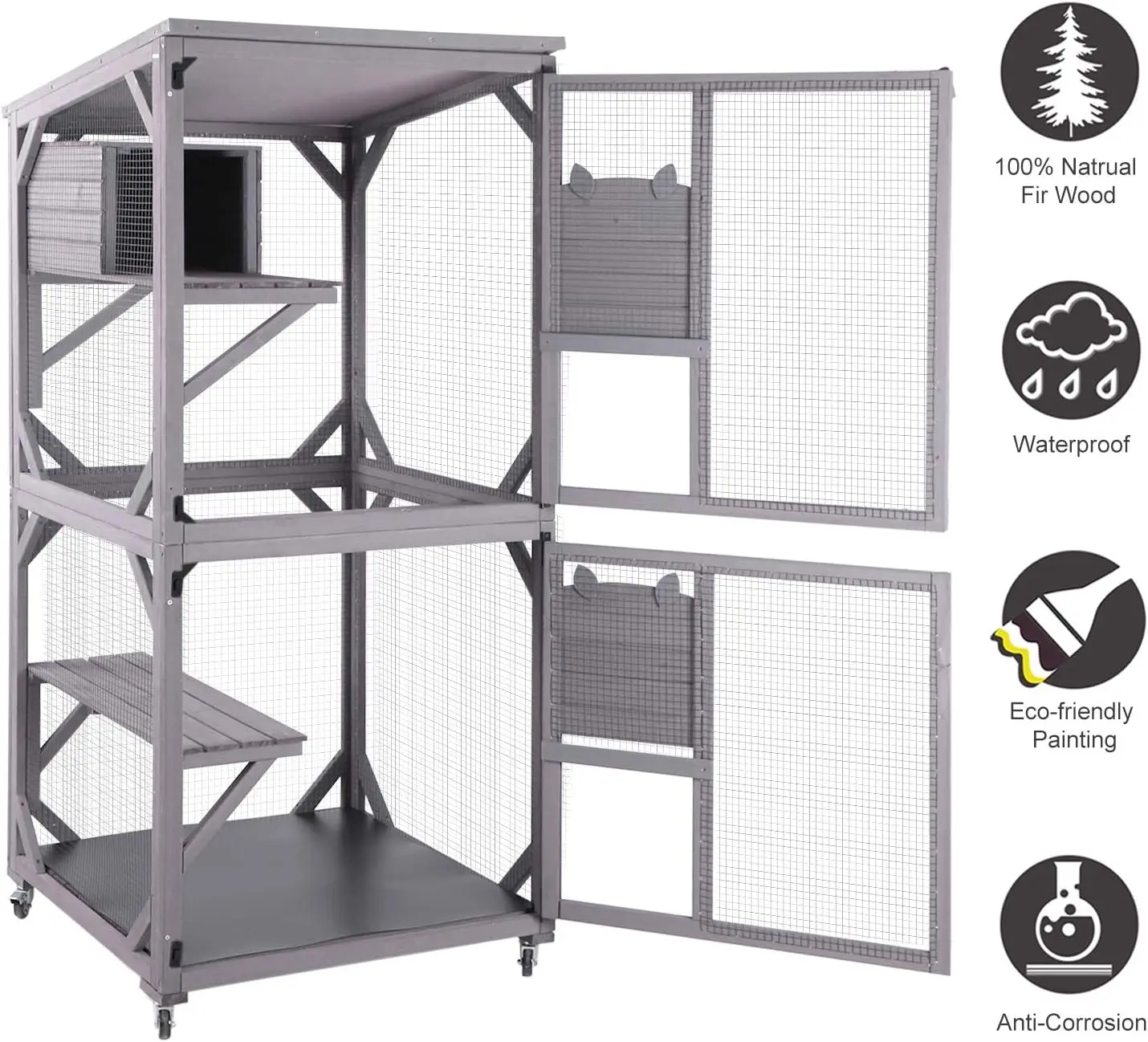Indoor and Outdoor Cattery, Large Wooden Cat Cage with Wheels, 70.9-inch Upgraded Dog Cage with Reinforced Wooden Bars Indoor and Outdoor Cattery, Large Wooden Cat Cage with Wheels, 70.9-inch Upgraded Dog Cage with Reinforced Wooden Bars