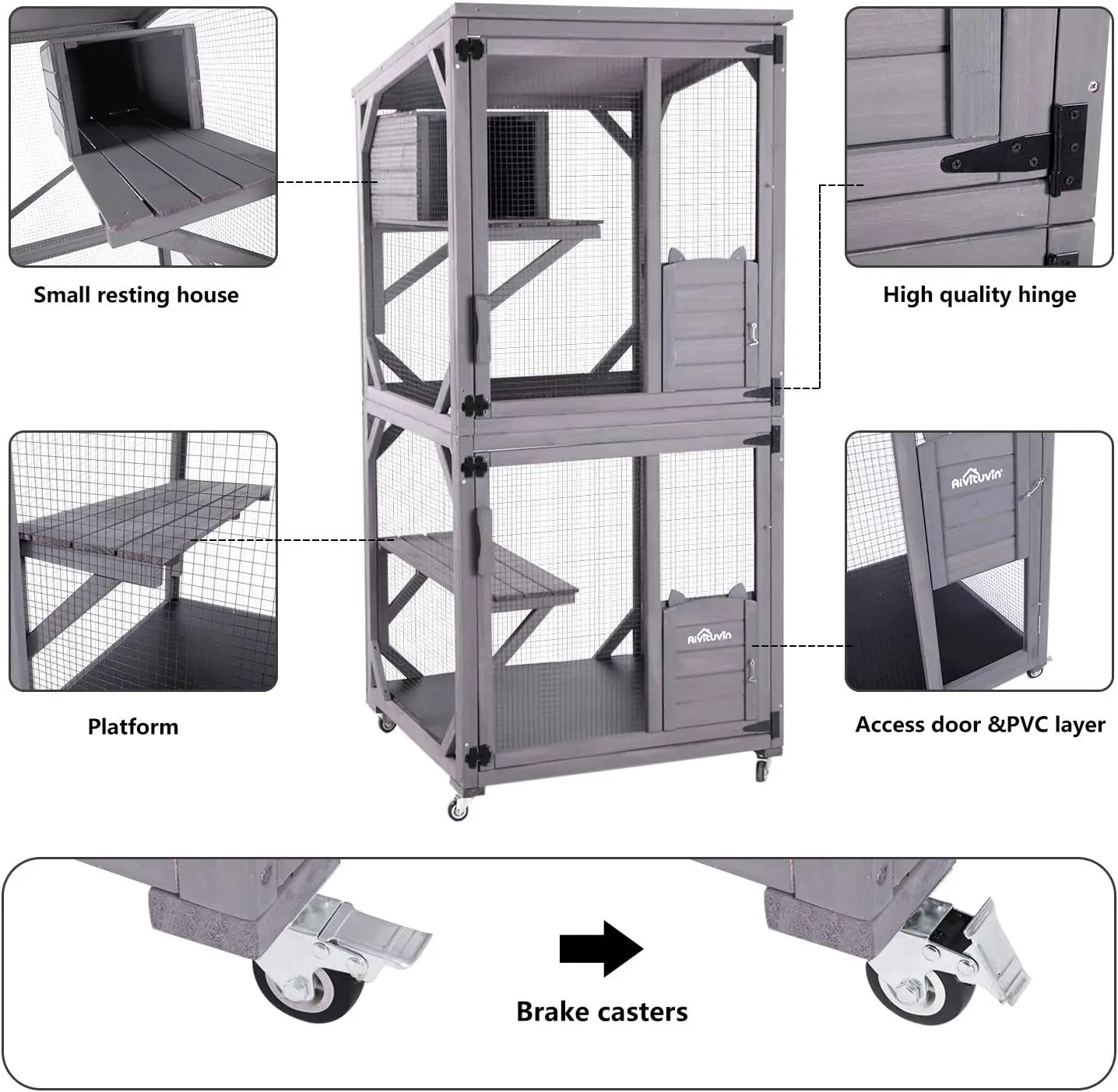 Indoor and Outdoor Cattery, Large Wooden Cat Cage with Wheels, 70.9-inch Upgraded Dog Cage with Reinforced Wooden Bars Indoor and Outdoor Cattery, Large Wooden Cat Cage with Wheels, 70.9-inch Upgraded Dog Cage with Reinforced Wooden Bars