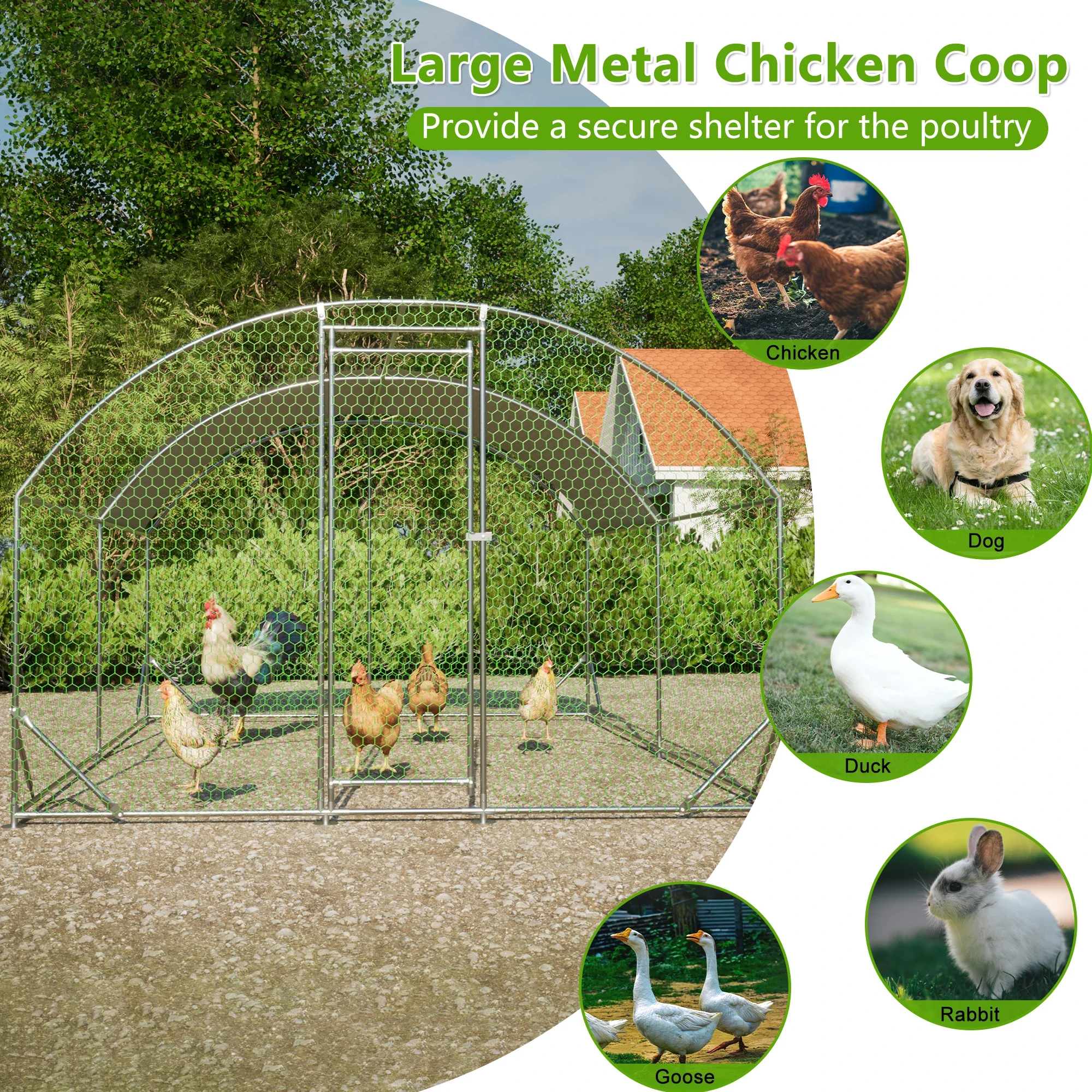 Large Chicken Coop Metal Chicken Run with Waterproof and Anti-UV Cover, Dome Shaped Walk-in Fence Cage Hen House Large Chicken Coop Metal Chicken Run with Waterproof and Anti-UV Cover, Dome Shaped Walk-in Fence Cage Hen House