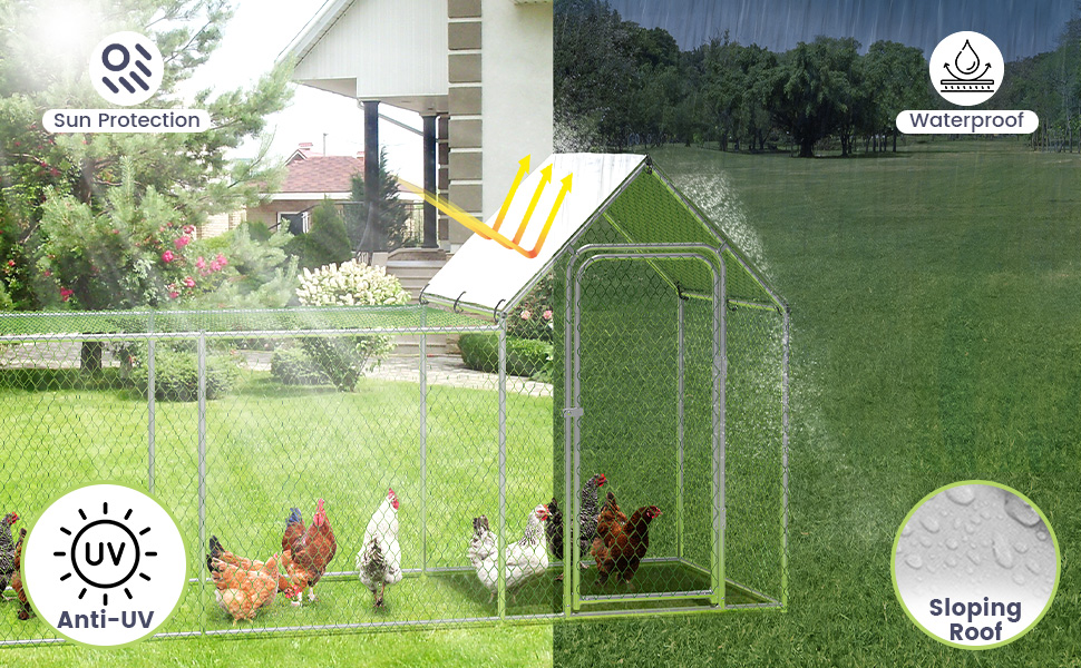 Flat Style Poultry Cage, Poultry Cage with Waterproof Cover, Walk-in Metal Poultry Cage for Outdoor Backyard Farm, Chicken Coop