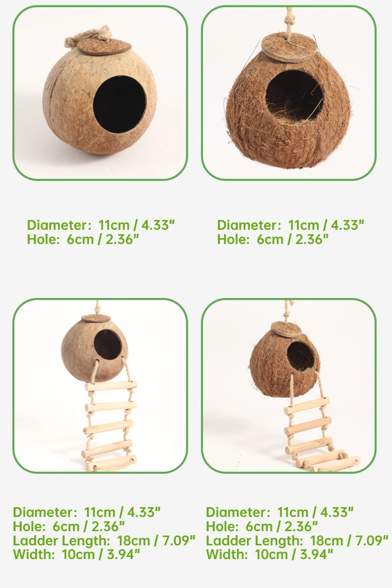 Coconut Bird Nest Hut with Ladder for Parrots Parakeet Conures Cockatiel - Small Animals House Pet Cage Habitats Decor