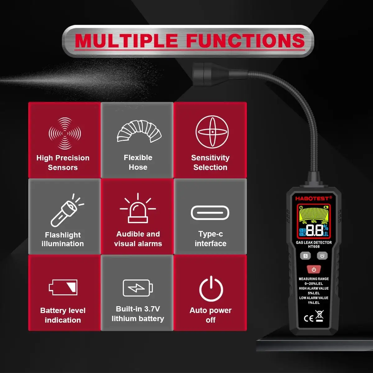 HABOTEST HT608 Natural Gas Leak Detector Sound & Screen Alarm Combustible Flammable Methane Gas Leak Detector Location Determine