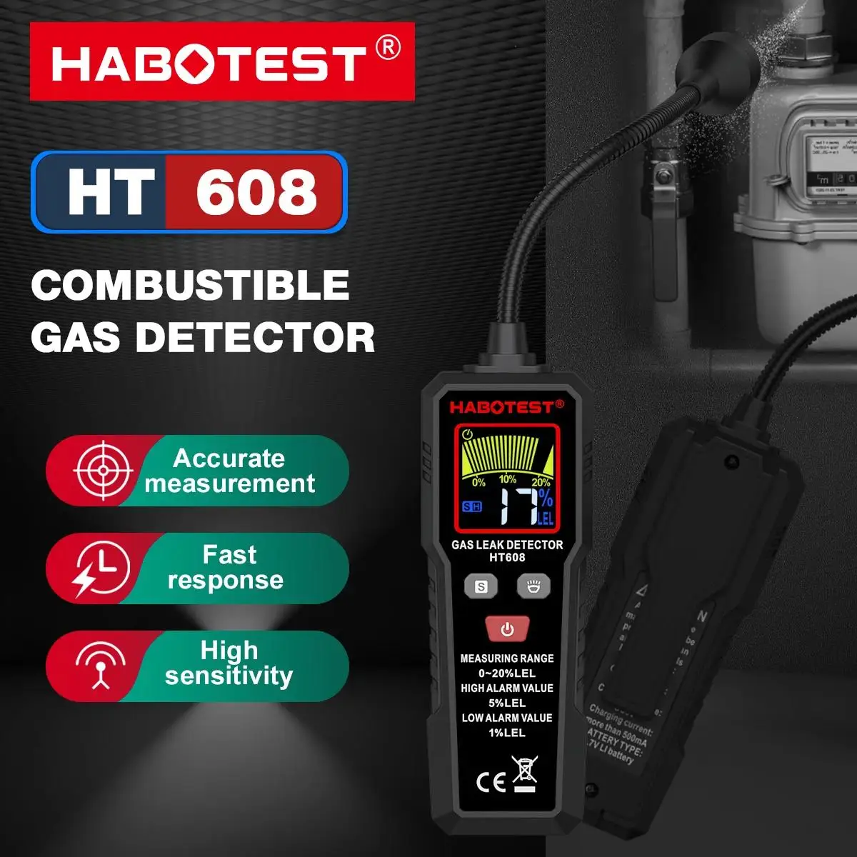 HABOTEST HT608 Natural Gas Leak Detector Sound & Screen Alarm Combustible Flammable Methane Gas Leak Detector Location Determine