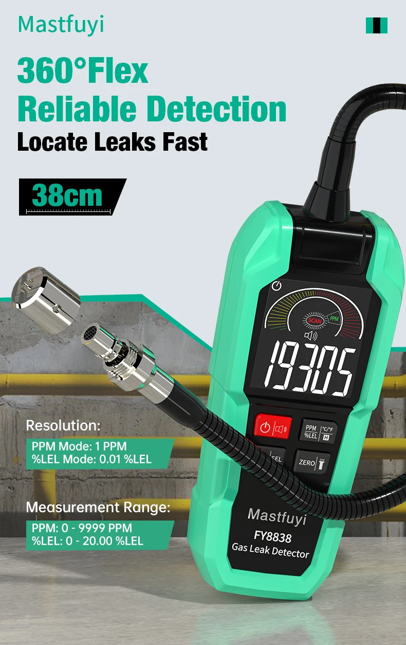 MASTFUYI FY8838 Professional Gas Leak Detector 0-9999PPM - Portable Combustible Gas Sniffer for Methane LNG Audio Visual Alarm
