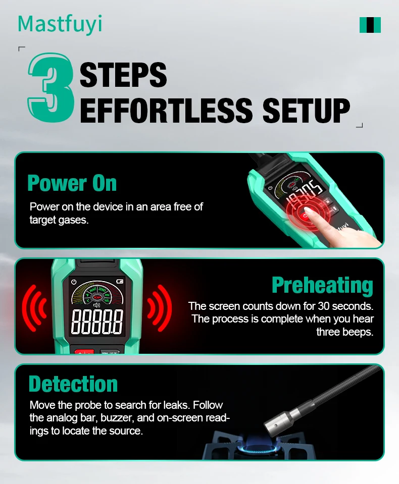 MASTFUYI FY8838 Professional Gas Leak Detector 0-9999PPM - Portable Combustible Gas Sniffer for Methane LNG Audio Visual Alarm