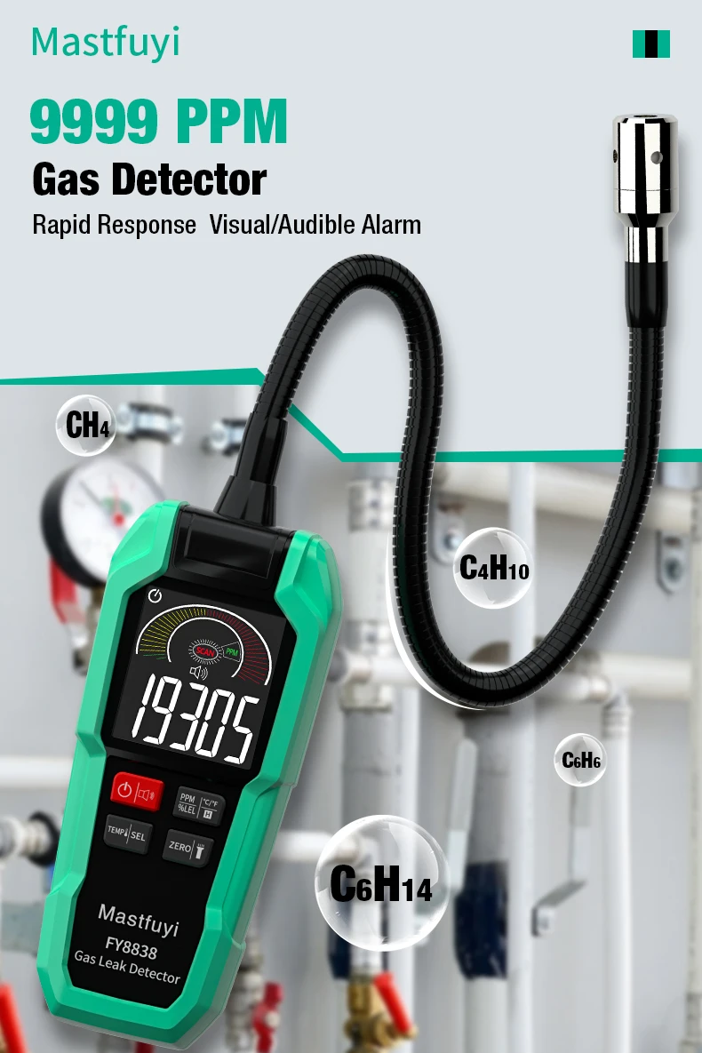 MASTFUYI FY8838 Professional Gas Leak Detector 0-9999PPM - Portable Combustible Gas Sniffer for Methane LNG Audio Visual Alarm