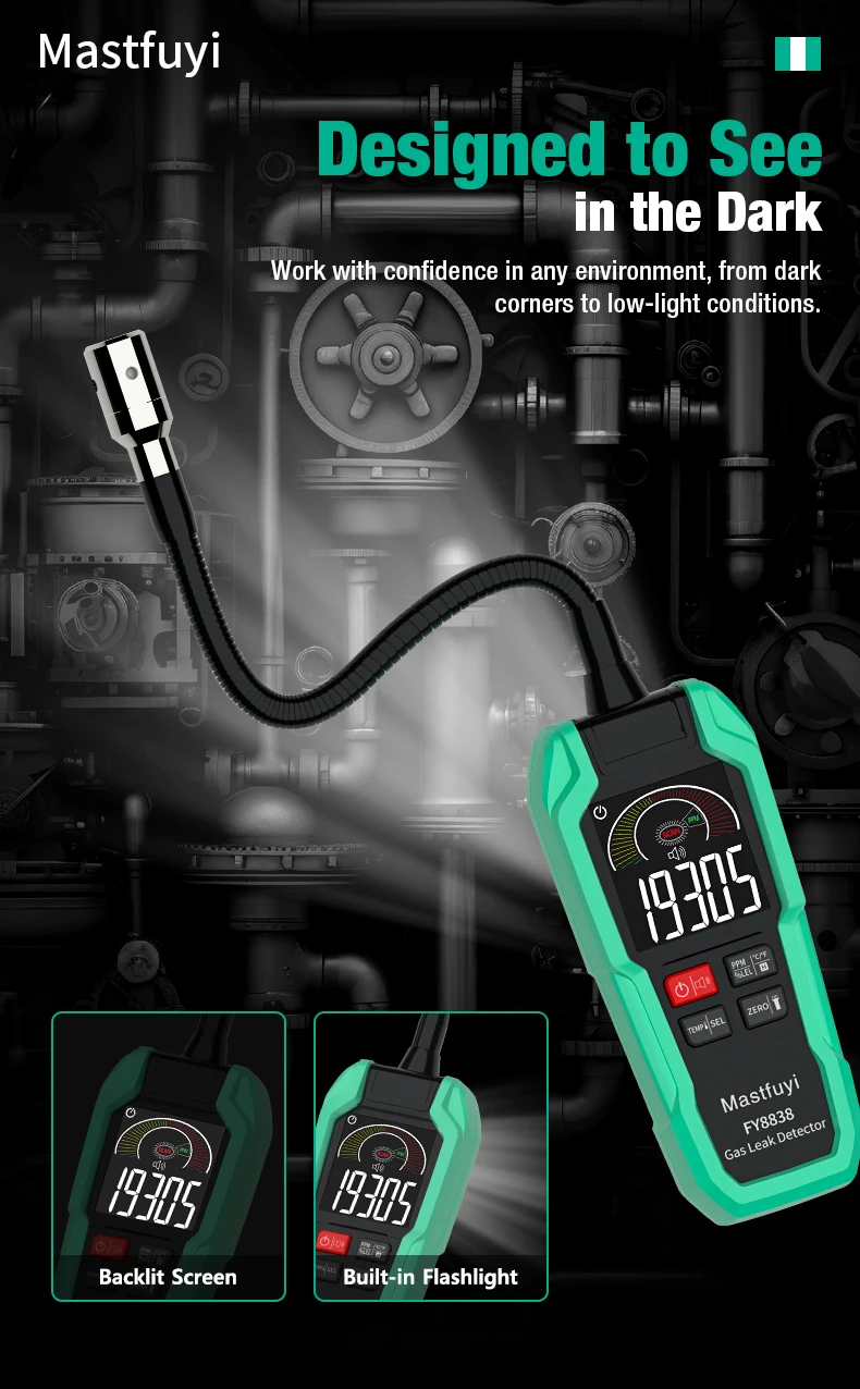 MASTFUYI FY8838 Professional Gas Leak Detector 0-9999PPM - Portable Combustible Gas Sniffer for Methane LNG Audio Visual Alarm