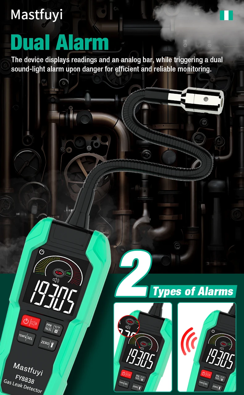 MASTFUYI FY8838 Professional Gas Leak Detector 0-9999PPM - Portable Combustible Gas Sniffer for Methane LNG Audio Visual Alarm