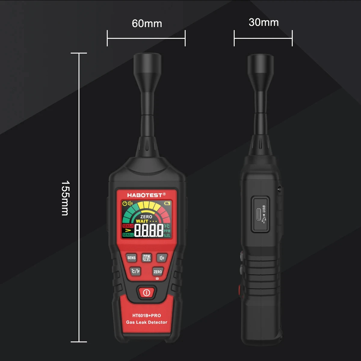 HABOTEST HT601B+PRO Gas Leak Detector 0-9999PPM Flexible probe Quick response Combustible Natural Methane Gas Detector