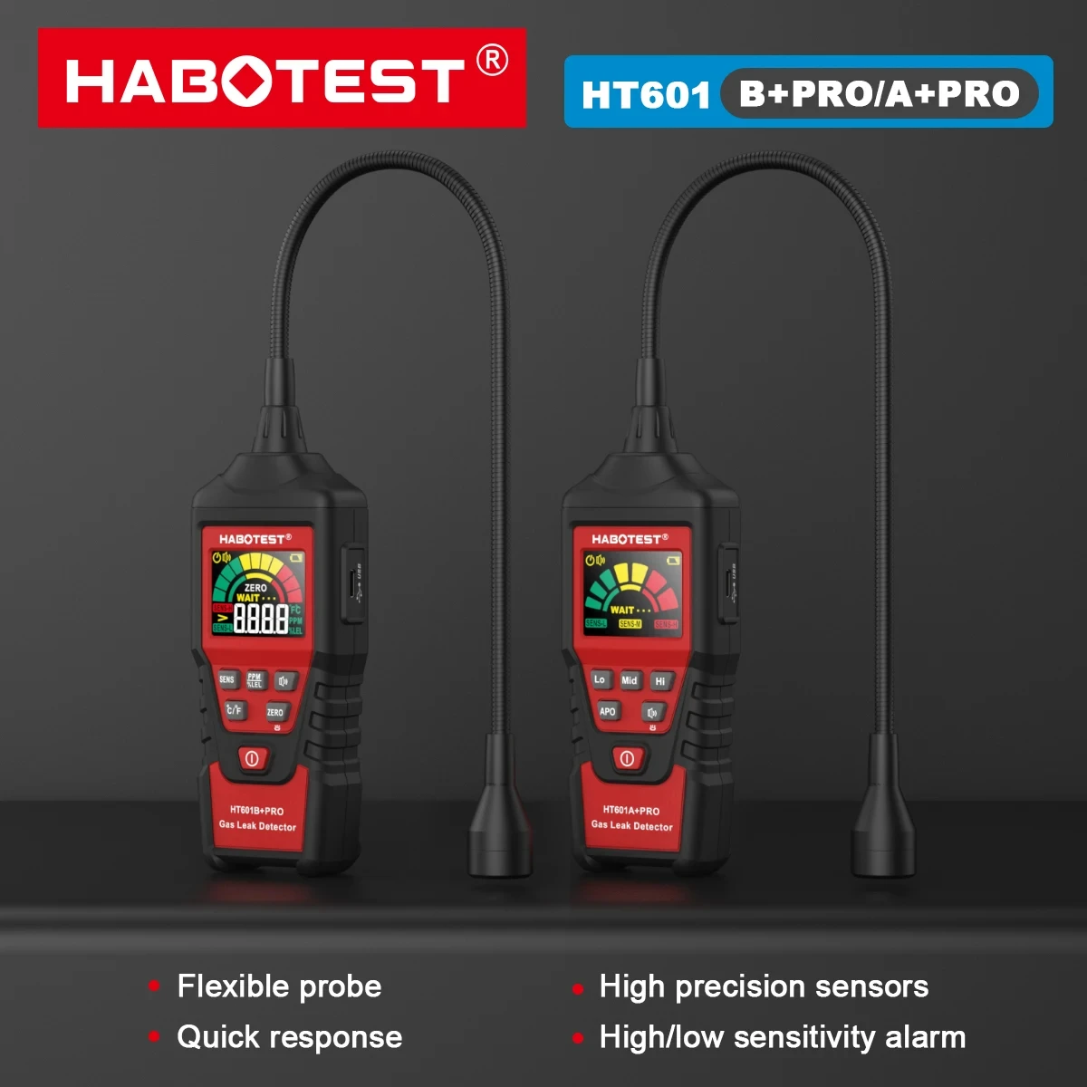 HABOTEST HT601B+PRO Gas Leak Detector 0-9999PPM Flexible probe Quick response Combustible Natural Methane Gas Detector