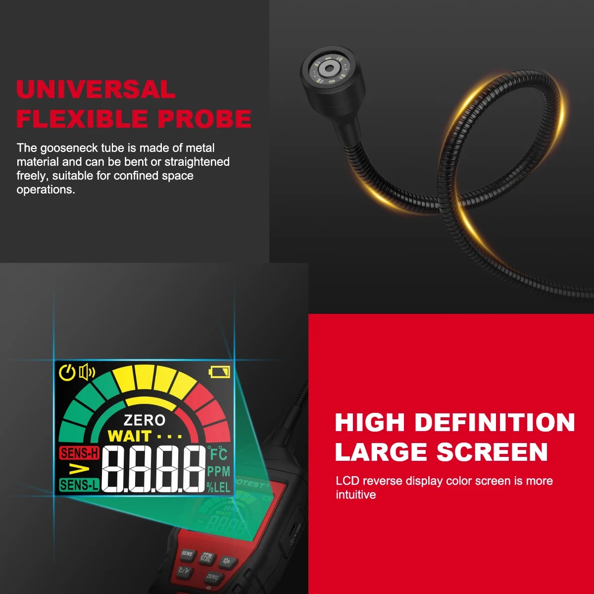 HABOTEST HT601B+PRO Gas Leak Detector 0-9999PPM Flexible probe Quick response Combustible Natural Methane Gas Detector