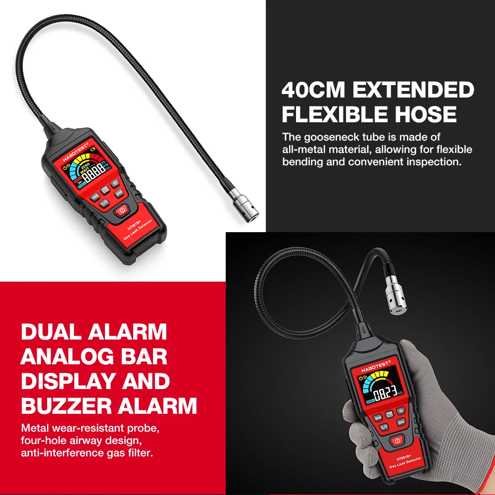 HABOTEST HT601B+PRO Gas Leak Detector 0-9999PPM Flexible probe Quick response Combustible Natural Methane Gas Detector