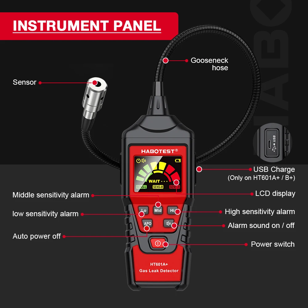 HABOTEST HT601B+PRO Gas Leak Detector 0-9999PPM Flexible probe Quick response Combustible Natural Methane Gas Detector