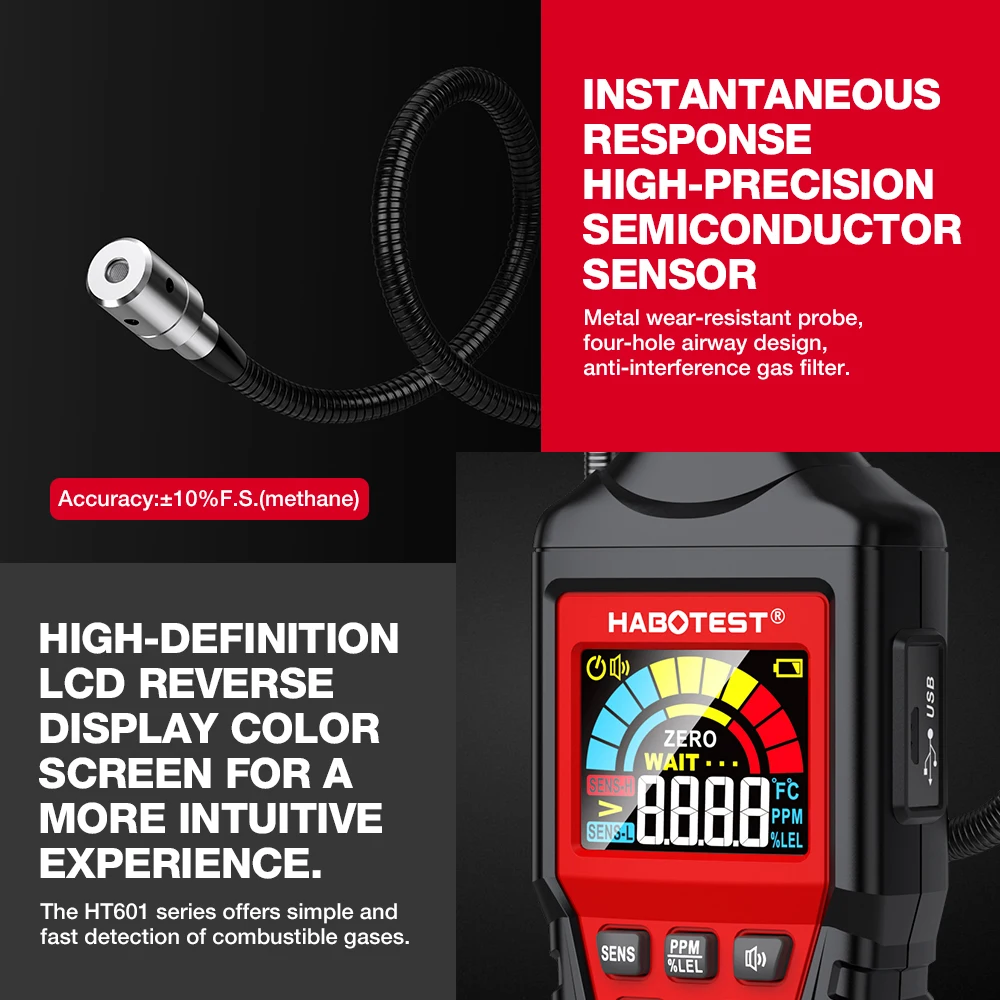 HABOTEST HT601B+PRO Gas Leak Detector 0-9999PPM Flexible probe Quick response Combustible Natural Methane Gas Detector