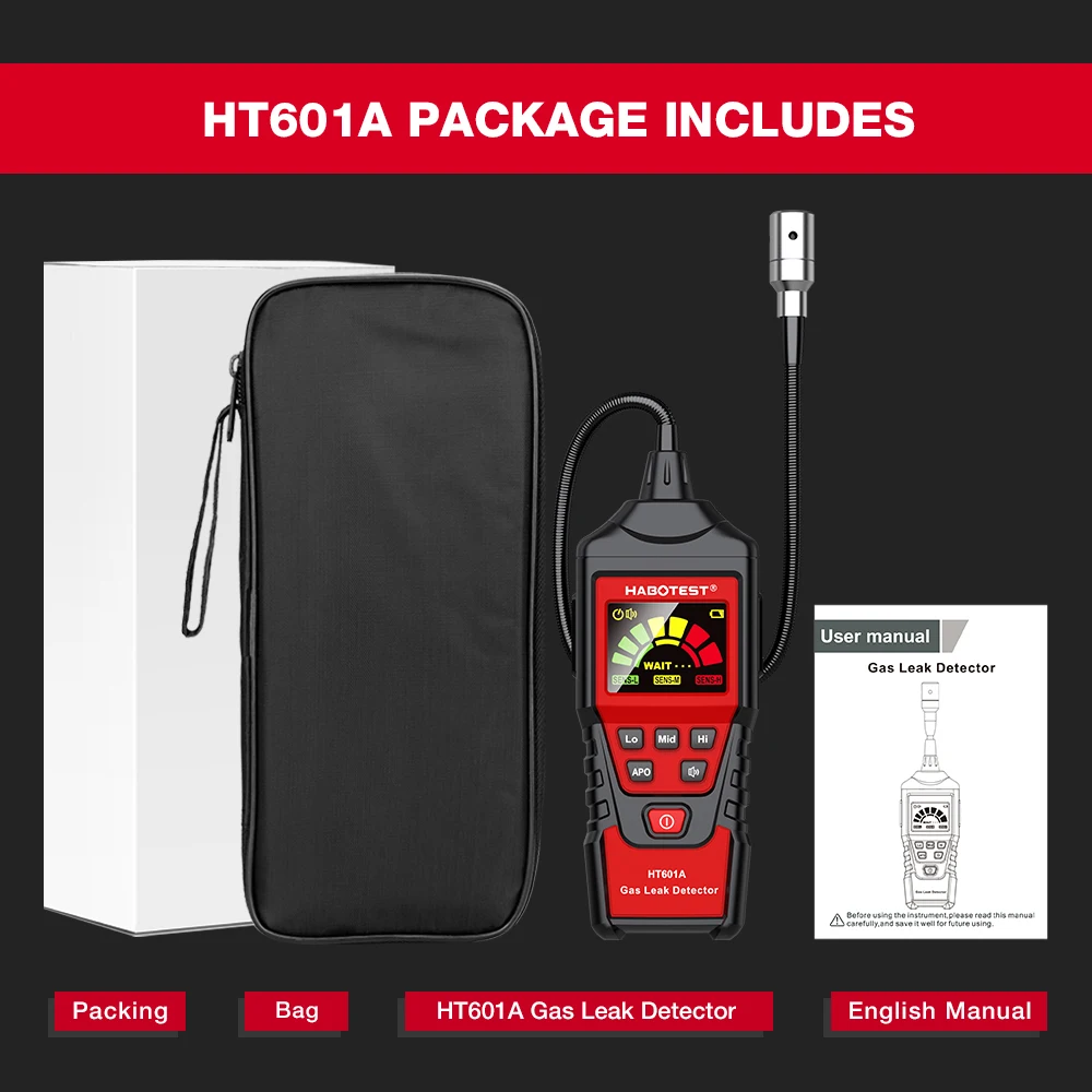 HABOTEST HT601B+PRO Gas Leak Detector 0-9999PPM Flexible probe Quick response Combustible Natural Methane Gas Detector