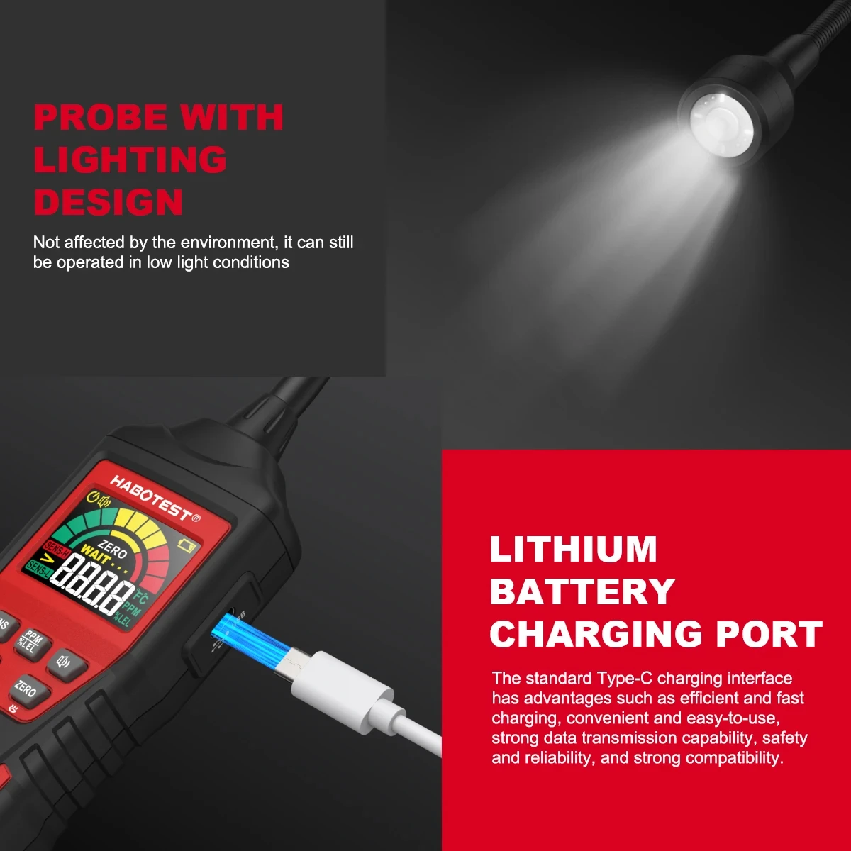 HABOTEST HT601B+PRO Gas Leak Detector 0-9999PPM Flexible probe Quick response Combustible Natural Methane Gas Detector