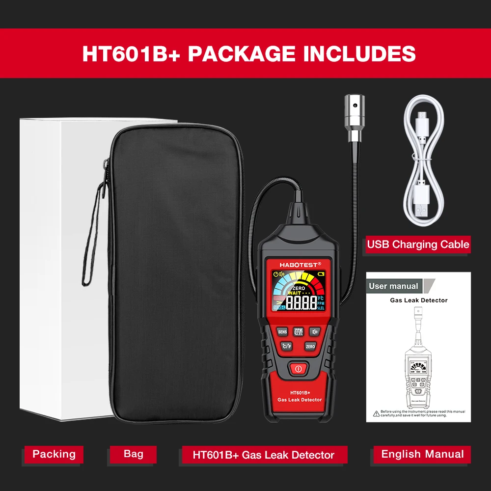HABOTEST HT601B+PRO Gas Leak Detector 0-9999PPM Flexible probe Quick response Combustible Natural Methane Gas Detector