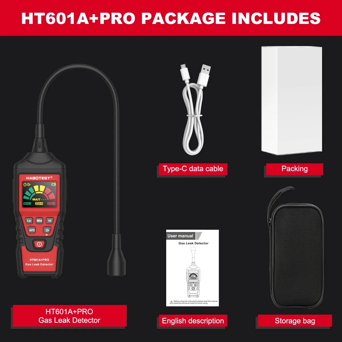 HABOTEST HT601B+PRO Gas Leak Detector 0-9999PPM Flexible probe Quick response Combustible Natural Methane Gas Detector