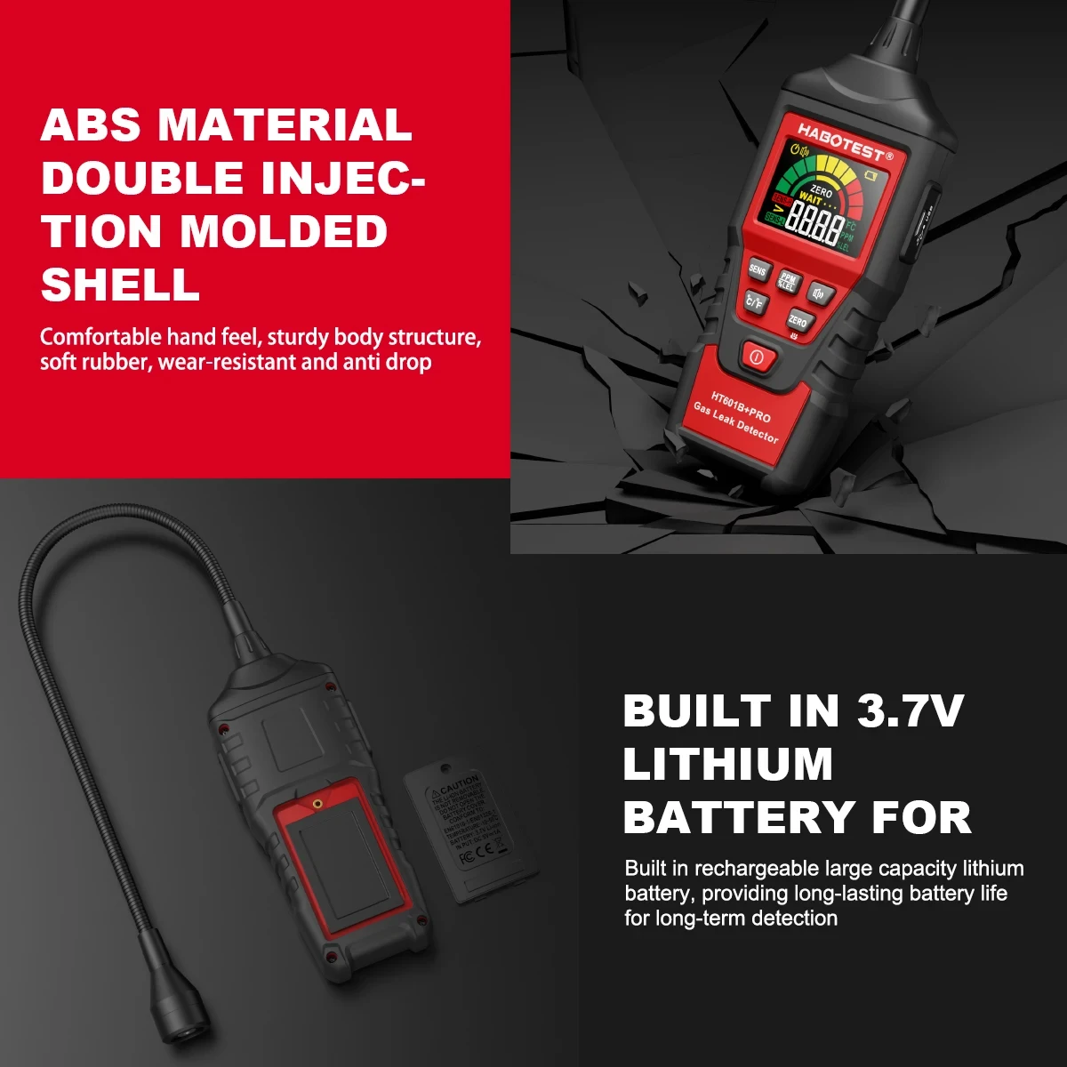 HABOTEST HT601B+PRO Gas Leak Detector 0-9999PPM Flexible probe Quick response Combustible Natural Methane Gas Detector