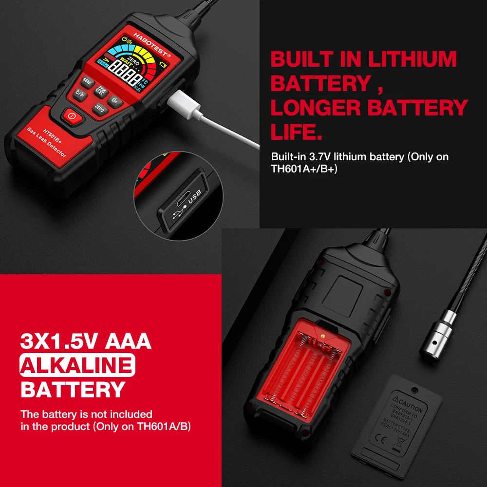 HABOTEST HT601B+PRO Gas Leak Detector 0-9999PPM Flexible probe Quick response Combustible Natural Methane Gas Detector