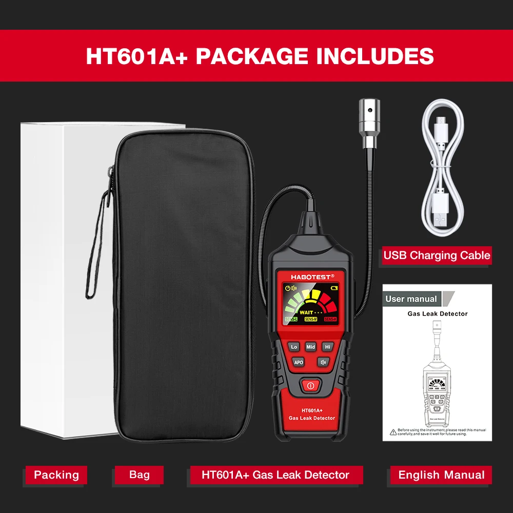 HABOTEST HT601B+PRO Gas Leak Detector 0-9999PPM Flexible probe Quick response Combustible Natural Methane Gas Detector