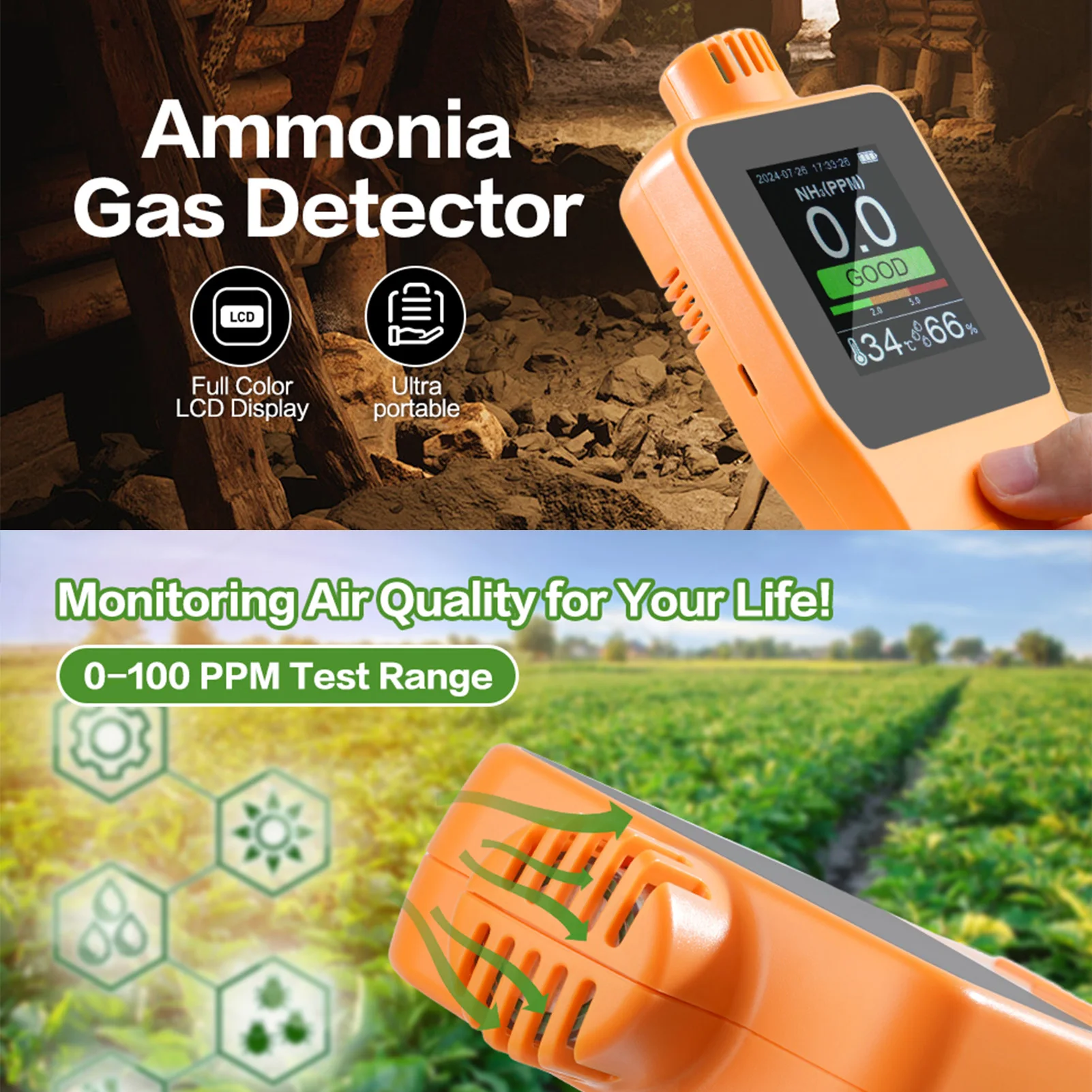 Handheld Ammonia Gas Detector 0~100 PPM Digital NH³ Gas Tester with LCD Display Temperature Humidity Ammonia Gas Monitor