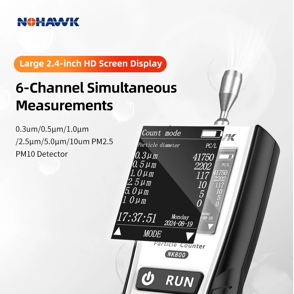 Nohawk New Dust Particle Counter PM2.5 PM10 Detector Air Pollution Detector with 2.4in LCD Display For 1000-Class Clean Room Nohawk New Dust Particle Counter PM2.5 PM10 Detector Air Pollution Detector with 2.4in LCD Display For 1000-Class Clean Room