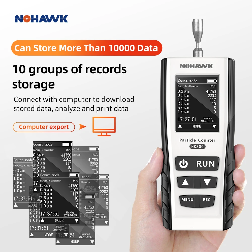 Nohawk New Dust Particle Counter PM2.5 PM10 Detector Air Pollution Detector with 2.4in LCD Display For 1000-Class Clean Room Nohawk New Dust Particle Counter PM2.5 PM10 Detector Air Pollution Detector with 2.4in LCD Display For 1000-Class Clean Room
