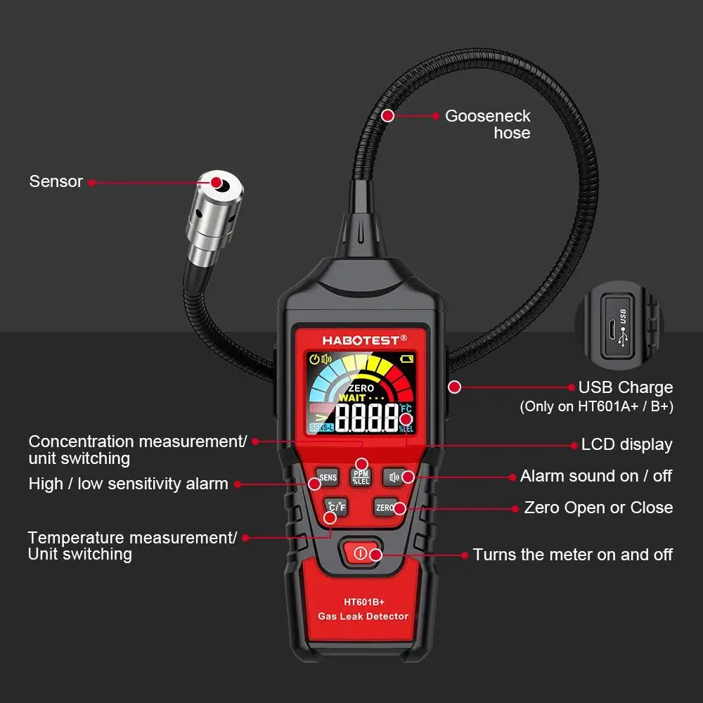 HABOTEST HT601A HT601B Gas Leak Detector 0-1000PPM Sound & Screen Alarm Combustible Flammable Natural Methane Gas Detector HABOTEST HT601A HT601B Gas Leak Detector 0-1000PPM Sound & Screen Alarm Combustible Flammable Natural Methane Gas Detector