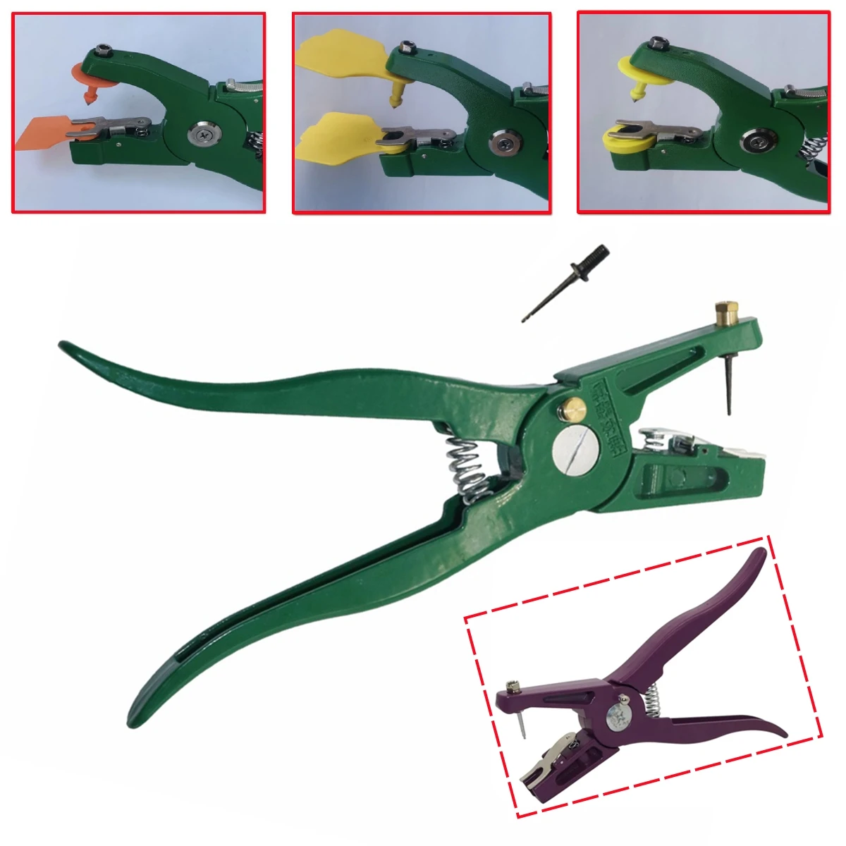 81896-fb0pgh.jpg Sheep Cattle Aluminum Alloy Ear Tag Pliers Automatic Locking Buckle Ear Label Pliers 2 Needles Livestock Equipment Green/Purple - Image 1