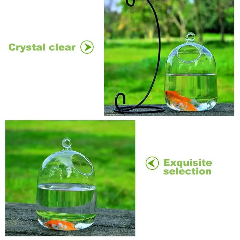 Round/Rectangle Shape Hanging Glass Aquarium Fish Tank Fish Bowl Transparent Vase Ornament With Rack Holder Home Decoration