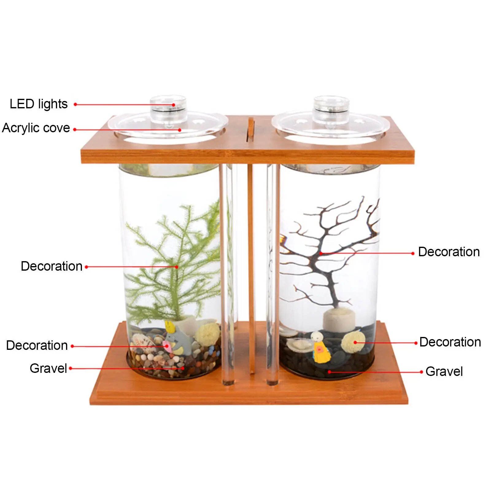 Glass Betta Fish Tank with LED Light Bamboo Base Mini Aquarium Set for Desktop Home Office Decoration 2 Tanks