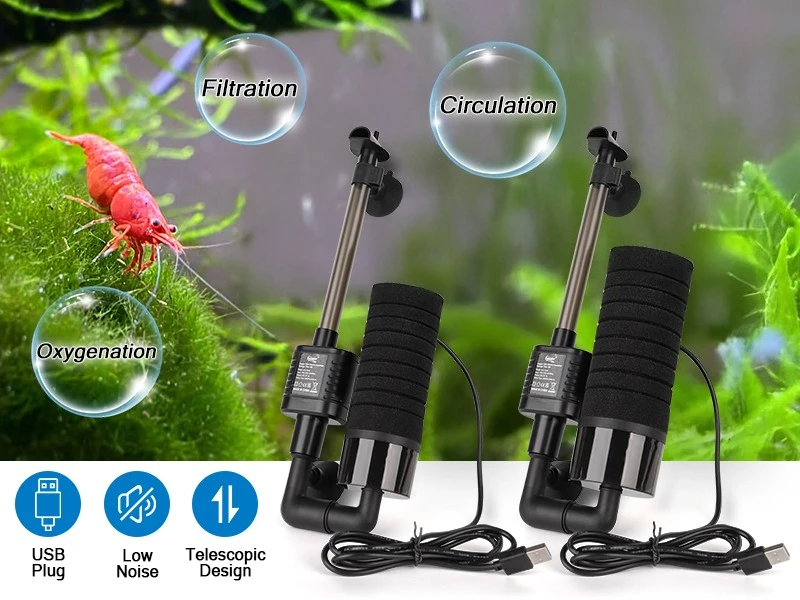 USB Small Aquarium Filter, Single Sponge Filter, with Suction Cup or Adjustable Hanging Clip, Dual Purpose Fish Bowl Tank Filter