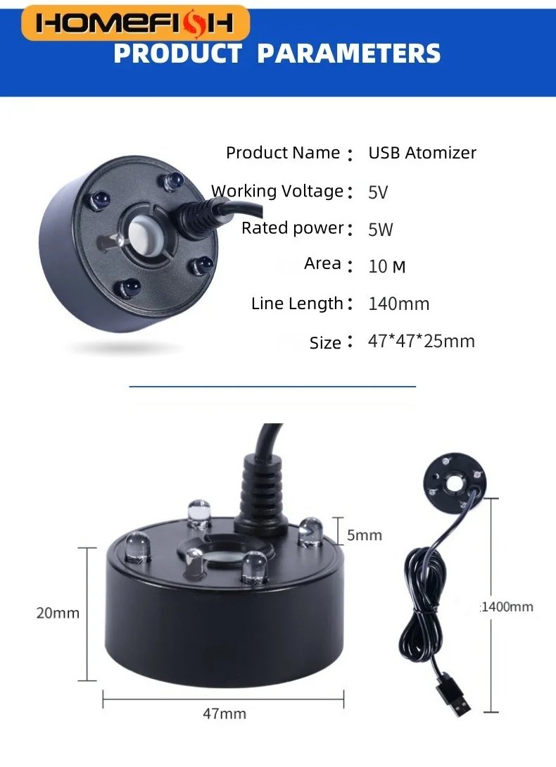 5V USB Mist Maker Fogger Nebulizer Water Fountain Fish Tank Pond Atomizer Head With 4 LED Colorful Lights