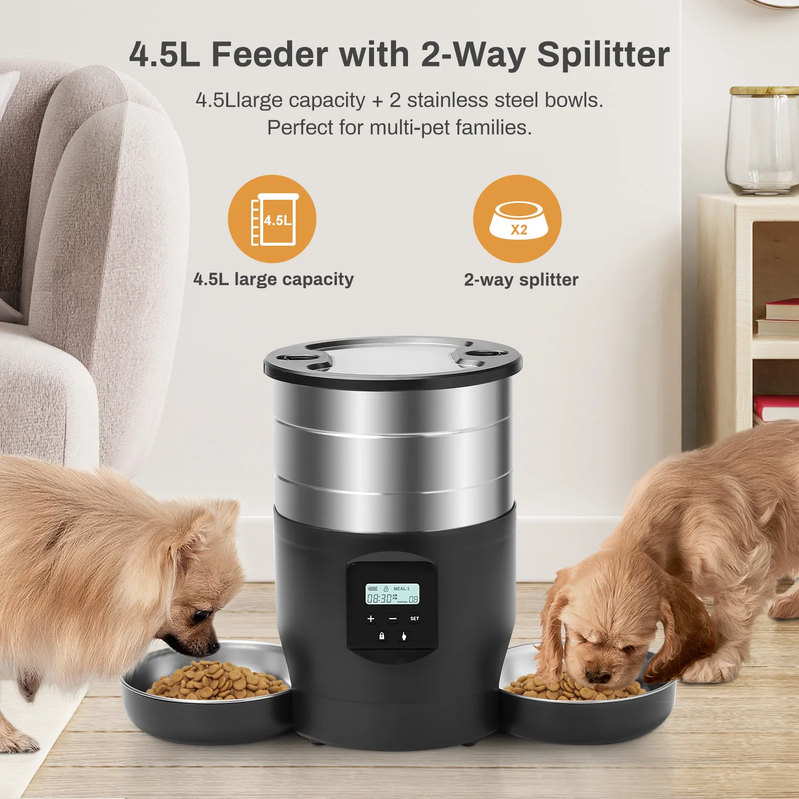 4.5L Automatic Cat Feeder With WiFi Button Smart Pet Cat/Dogs Food Dispenser Two Stainless Steel Bowls Feeder Pet Supplies 4.5L Automatic Cat Feeder With WiFi Button Smart Pet Cat/Dogs Food Dispenser Two Stainless Steel Bowls Feeder Pet Supplies