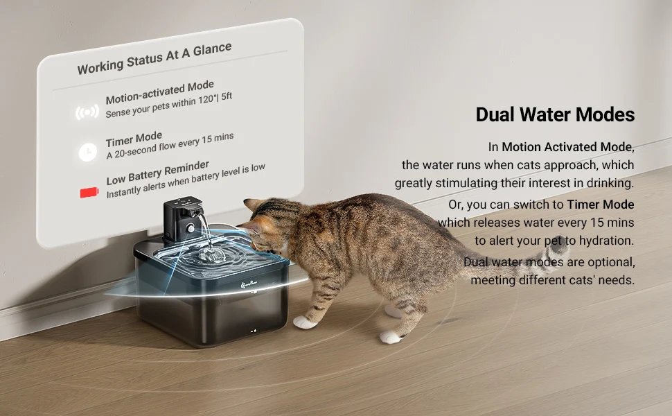 DownyPaws 2.5L Automatic Stainless Steel Cat Water Fountain 4000mAh Wireless Pet Drinker Battery & Sensor 2 in 1 Dispenser