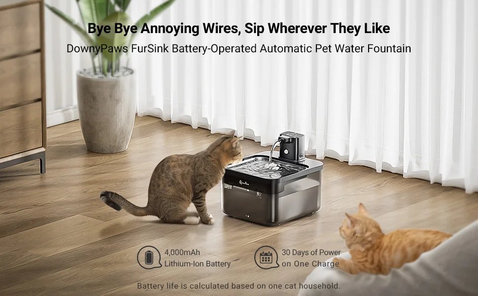 DownyPaws 2.5L Automatic Stainless Steel Cat Water Fountain 4000mAh Wireless Pet Drinker Battery & Sensor 2 in 1 Dispenser