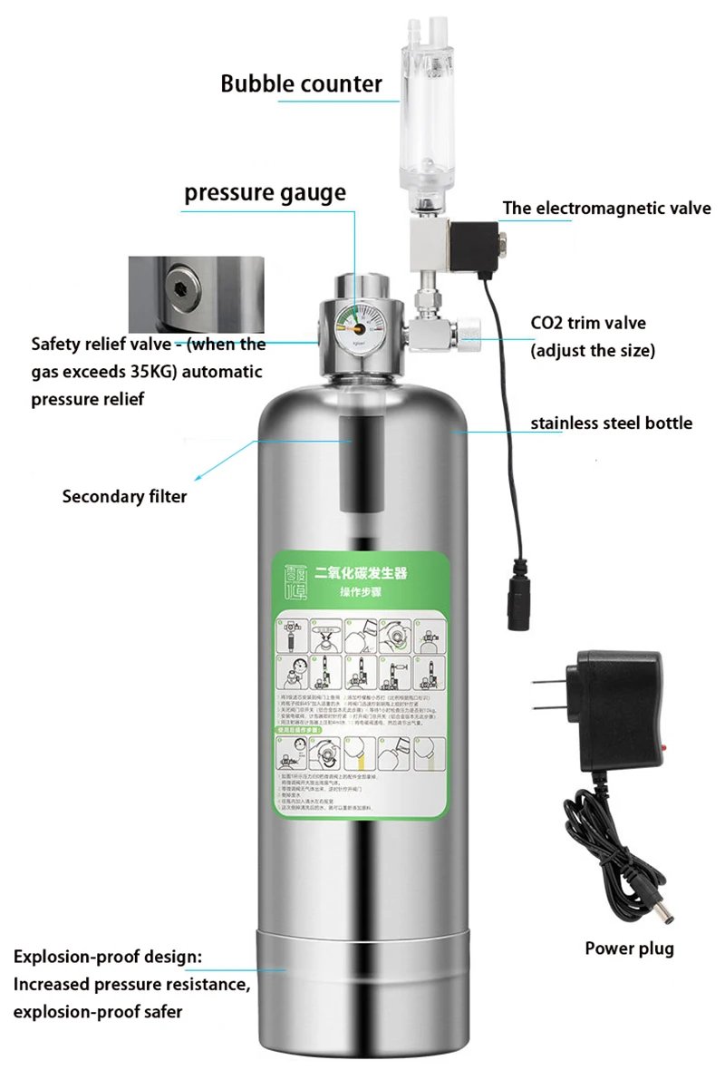 Aquarium CO2 Generator 1L 2L Fish Tank CO2 Cylinder Generator System Stainless Steel Water Injection Bubble Meter Aquatic Plant