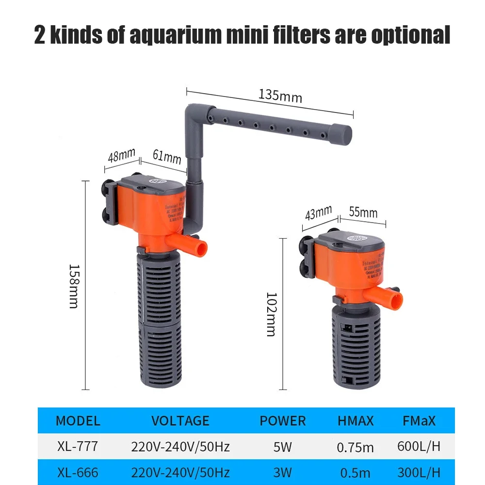 3-in-1 Fish Tank Filter Aquarium Submersible Water Pump AC220-240V Mini Filter Oxygen Air Pump for Small Aquarium Fish Tank