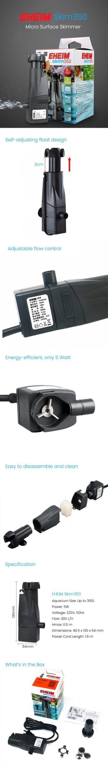 EHEIM Skim350 220V 5W Adjustable Flow Freshwater Saltwater Aquarium Filter Micro Surface Skimmer with Pump