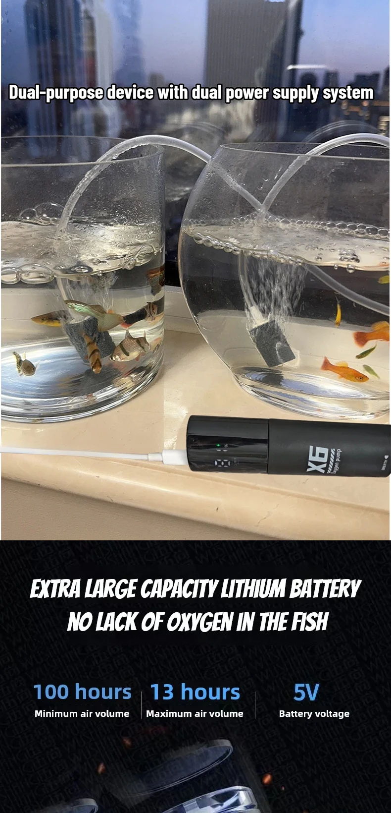 Aquarium Fish Tank Oxygen Pump Charging Dual-Purpose Air Pump Usb Lithium Battery Household Portable Fishing Mute 2400ma Outdoo